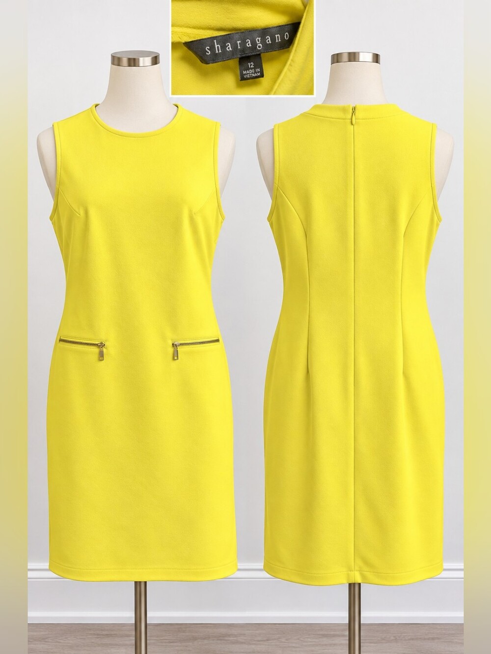 Sharagano Bright Yellow Sleeveless Sheath Dress with Zip Pockets.